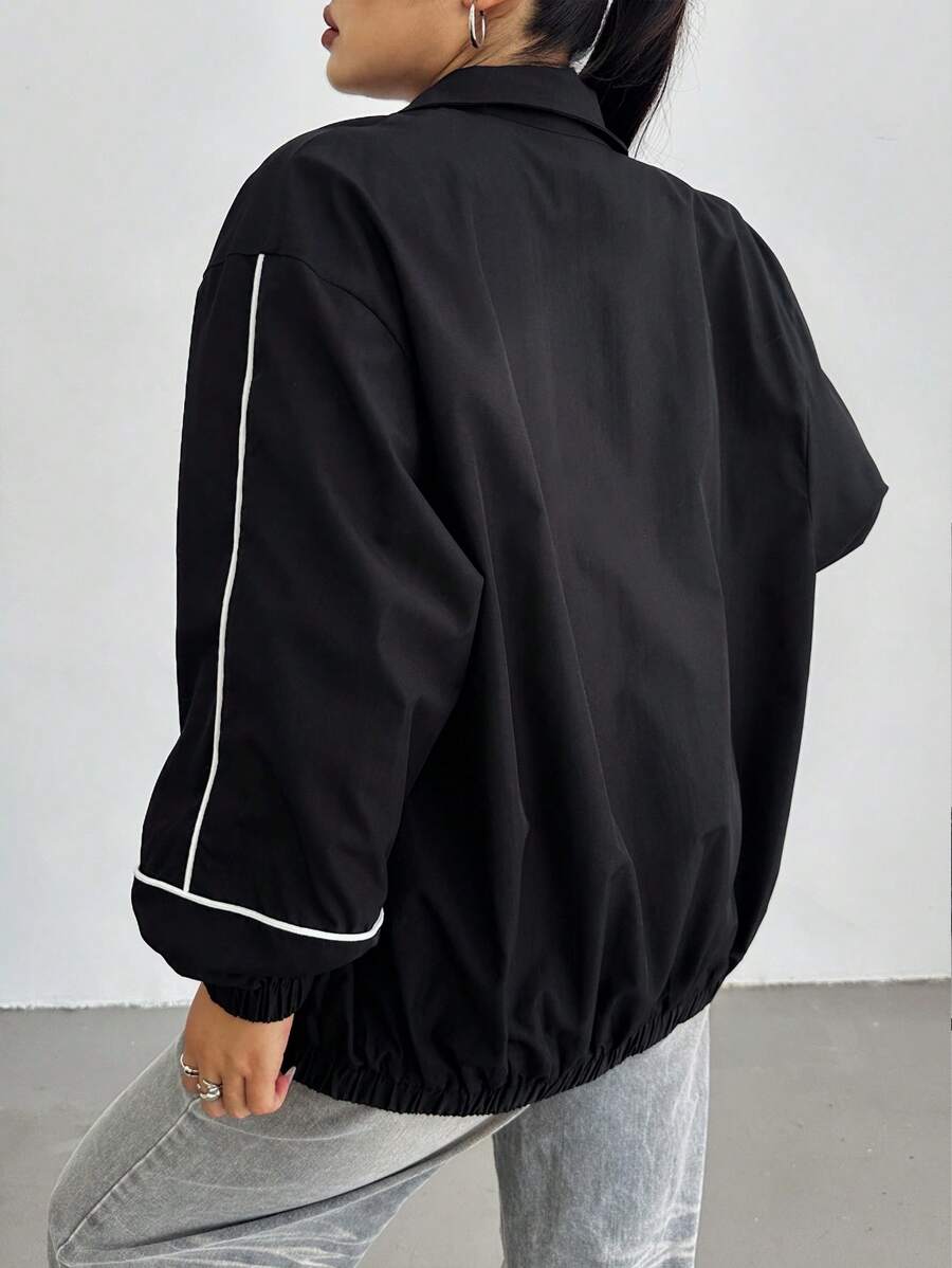POPSWAY Casual Color Block Loose Academia Style Street Thin Long Sleeve Jacket Winter Fall Autumn - Black - View 1