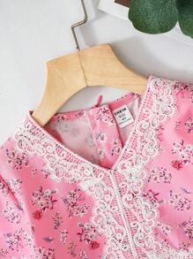 Adorable Pink Floral Print Dress For Girls With Long Sleeves V Neck And Lace Detail Perfect For Special Occasions - Pink - View 3