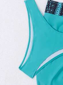 SHEIN Swim Lushore 3 件套海滩女士夏季服装，前抽绳泳衣上衣 + 常规内裤 + 抽绳下摆全印花裙，优雅比基尼套装 - 藍色 - 查看 8