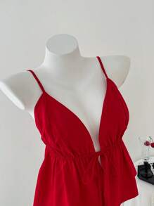 Elamini 女士性感纯色系带 V 领吊带背心，夏季 - 紅色 - 查看 3