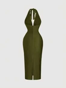 SHEIN MOD Women's Army Green Draped Neck Form-Fitting Midi Dress, Elegant Dress,Formal Dress,New Year's Eve Dress, Holiday Dress, New Year Vacation, New Year Party Women Dress,Masquerade Ball Dress - Army Green - View 2