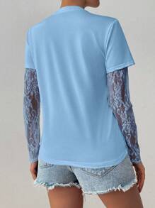 Chiquease Women's Round Neck Fashion Lace Sheer Long Sleeve T-Shirt