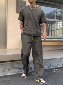 DAZY Bộ 2 áo thun tay ngắn màu trơn và quần dài cho nam, trang phục mùa hè ấm áp - Xám - Xem 3