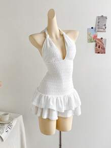 Soleia Damen Urlaubs-Strick-Knitterstoff-Romper mit tiefen V-Ausschnitt am Träger, gerüschtem Saum, geeignet für Party, Date, Nachmittags-Tee, Modemeile und Urlaubsoutfit am Strand