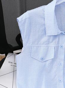 SHEIN QUTIE 女式短款飘袖领口休闲条纹衬衫，春夏 - 淺藍色 - 查看 6