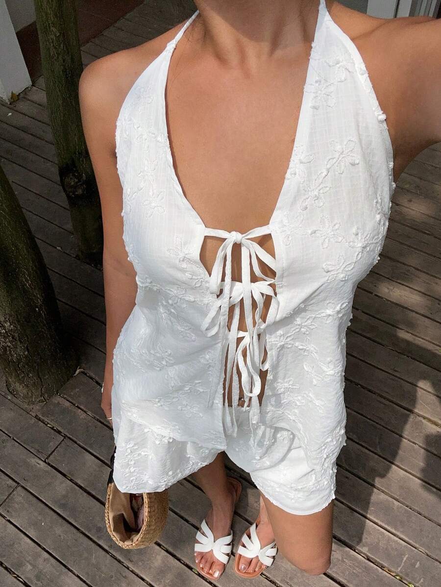 SHEIN VCAY 2pcs/Set Floral Embroidery Tie Front Halter Top And Shorts Casual Vacation Set For Women,Vacation - White - View 1