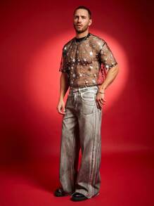 FeverCity Men's Star Mesh Round Neck Short Sleeve Cropped T-Shirt - Multicolor - View 4