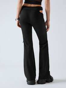 LYSMO Women's Black Knitted Casual Extra Long Pants With Ruched Detailing And Hip Cutouts - Black - View 2