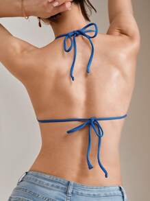 SHEIN Swim 女士蓝色音乐节优雅镂空简约背心，适合春季、夏季、海滩、度假 - 藍色 - 查看 2