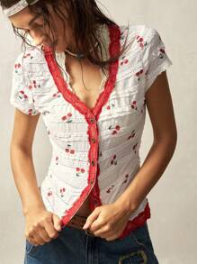 Bohemela Blusa de punto ajustada con cuello en V y estampado floral para mujeres, estilo minimalista apropiado para el verano