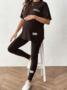 SHEIN 2pcs Maternity Set: Solid Color Short Sleeve Round Neck T-Shirt And Pants - Brown - View 8
