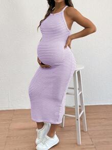 SHEIN Maternity Solid Ribbed Knit Halter Dress - Lilac Purple - View 3