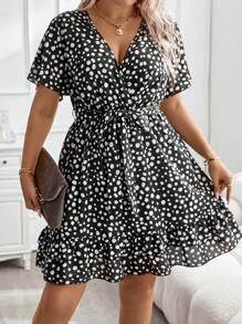 SHEIN Clasi Plus Allover Print Ruffle Hem Belted Dress For New Year Clothes - Black - View 3