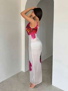 SHEIN SXY Women's Summer Floral Colorblock Sheer Mesh Bodycon Dress Sexy Boho Birthday Bachelorette Party Women Outfit Summer Vacation Holiday Beach BOHO