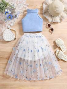 SHEIN Glamorique Kids 2 件套年轻女孩春秋时尚可爱休闲度假风格无袖上衣和花卉网眼短裙 - 藍色 - 查看 1