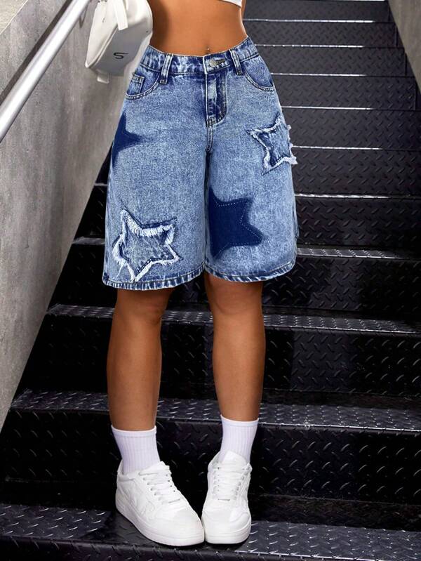SHEIN Teens Girls' Y2K Streetwear Colorblock Star Patched Faded Frayed Baggy Straight Leg Denim Jeans Long Shorts With Pockets,Girls Summer Brunch Graduation Outfits,Vacation Beach Casual Outfits Teen Girl,Country Concert Outfit/Rave Outfits