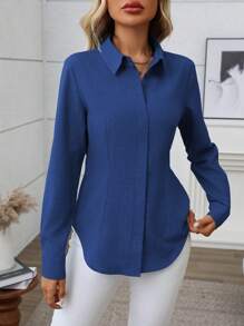 EMERY ROSE Kemeja Kantor Kasual Wanita Lengan Panjang Kancing Tunggal Warna Polos, Pakaian Musim Gugur untuk Wanita - Royal Blue - View 3