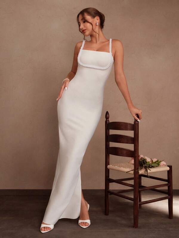 Savoree Women's Elegant White Pearl Beaded Strap Fitted Dress, Minimalist Luxury Fashion Party Dress Suitable For Summer, Festival, Modest, Wedding Guest