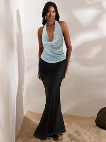 Opulessa 1pc Women Solid Color Knit Draped Neck Fitted Tank Top, Sparkly Rave Top, Summer Beach Outfits, Sexy Club Outfits - Baby Blue - View 5