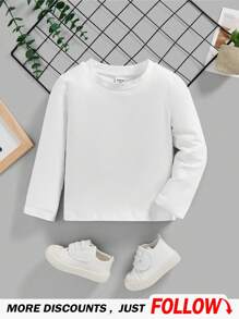 SHEIN Leap Crew Baby Boy Solid Color Round Neck T-Shirt, Casual & Minimalist, Suitable For Autumn/Winter - White - View 1