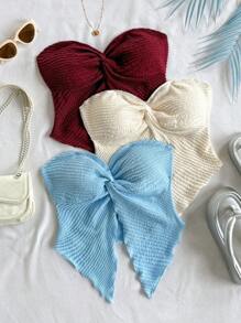 Soleia 3 Stücke Damen Ensemble mit Wein Rot, Apricot & Schwarz Strick Jacquard Muster mit verdrehter Vorderseite, asymmetrischem Rüschensaum und bequemem Top - Verschiedenfarbig - Übersicht 1