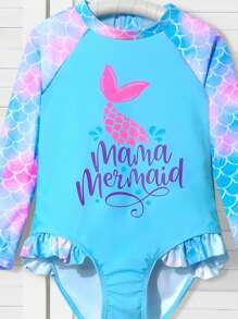 Young Girl Mermaid Letter Print Raglan Long Sleeve One-Piece Swimsuit - Multicolor - View 6