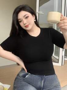 REIGN AVE Plus Size Crew Neck Solid Color Short Sleeve Black Base T-Shirt, Back To School Clothes - Black - View 3