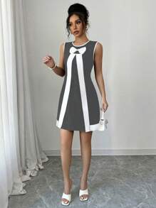 Elenzga Abito casual ed elegante da donna per primavera ed estate, a maglia, con collo rotondo, decorazione fiocco, linea ad A, corto e aderente