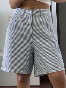 DAZY 女士条纹宽松直腿中长牛仔短裤