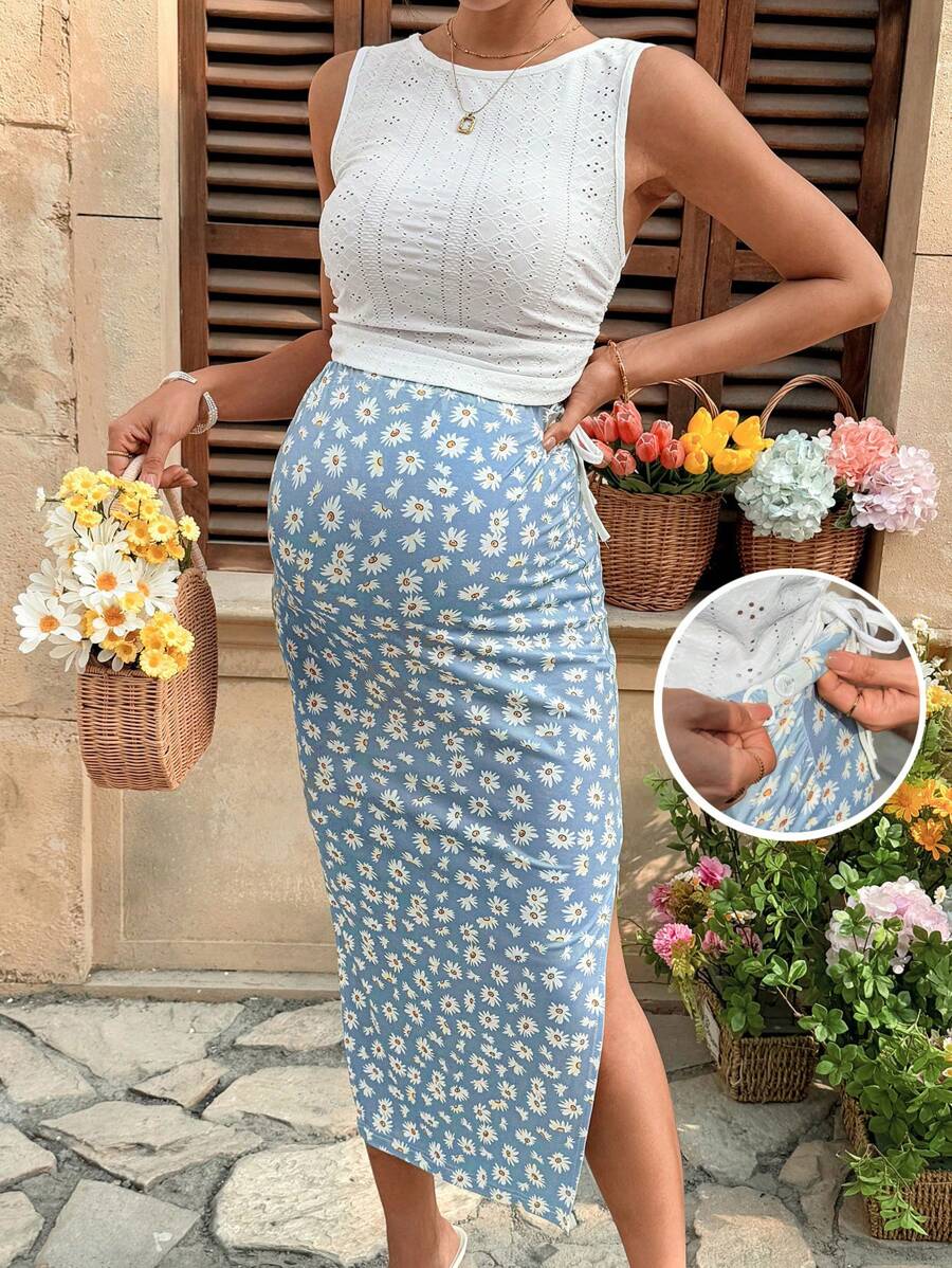 Lyckli Maternity Vacation Embroidery Vest And Adjustable Waist Daisy Print Fitted 2 Pieces Set - Blue - View 1