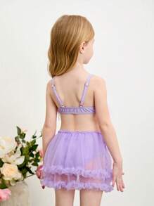 SHEIN Leap Crew 2 件套年轻女孩泳衣，带网眼荷叶边上衣和下装 - 紫色 - 查看 5