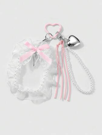 Kawaii 1 pièce Délicate perle faite main CCB cœur ruban moelleux maille nœud porte-carte d'identité/badge DIY porte-clés, accessoire polyvalent pour les travailleurs de bureau, les étudiants, l'usage quotidien, cadeau de fête