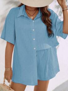 SHEIN Clasi 2pcs/Set Plus Size Women Solid Color Short Sleeve Button-Down Shirt And Shorts Set - Blue - View 5