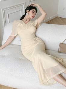 DAZY Women's Solid Color Ruffle Cape Design Mermaid Style Midi Elegant Dress - Apricot - View 4