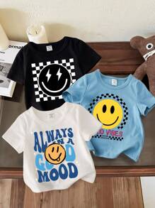 SHEIN 3pcs Casual "SMILE, Baby Boy" Letter Graphic Round Neck Short Sleeve Top, Suitable For Summer