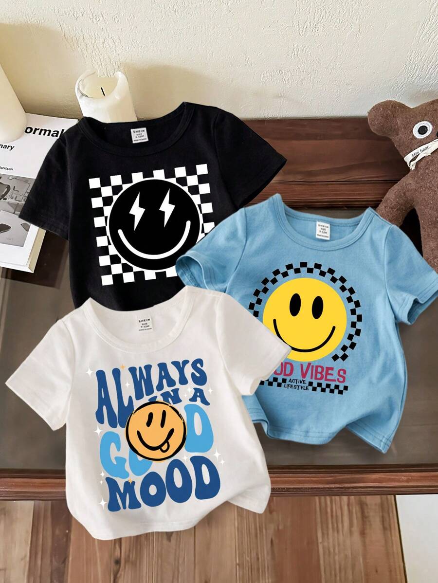 SHEIN 3pcs Casual "SMILE, Baby Boy" Letter Graphic Round Neck Short Sleeve Top, Suitable For Summer