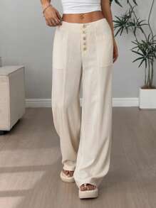 Flirla Pantalones casuales de mujer de cintura baja, con botones y pierna ancha