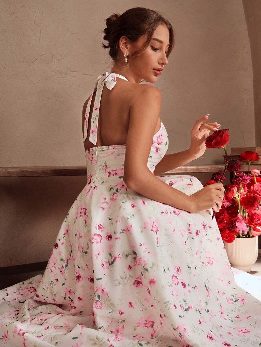 Savoree Elegant & Dignified Floral Allover Print Backless Halter Dress - Pink - View 1