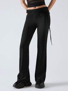 LYSMO Women's Black Knitted Casual Extra Long Pants With Ruched Detailing And Hip Cutouts - Black - View 3