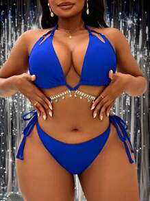 SHEIN Slayr CURVE Top de traje de baño de vacaciones casual sexy para mujer de talla grande, de unicolor, con triángulo, nudo, capa de cristal y cadena de moda