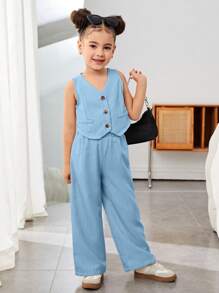 SHEIN Conjunto informal de top sin mangas y pantalones de tejido liso para niña, para primavera/verano - Azul - Ver 4