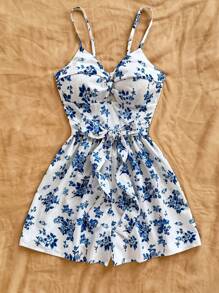 Soleia Combinaison large à jambes large avec imprimé floral romantique, à croisillon devant noué et froncé. Convient pour les vacances