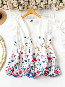 SHEIN LUNE 大码女式优雅百搭休闲白衬衫，采用可爱图案面料和双喇叭袖设计，适合通勤、春夏秋季 - 白色 - 查看 1