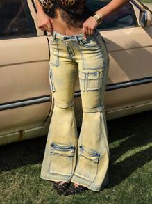 SHEIN ICON Women's Casual Extra Long Denim Flare Jeans With Zipper Detail And Cargo Pockets - Blue - View 1