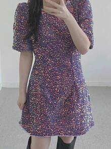 DAZY Vestido de Festa Mini Ajustado de Gola Redonda com Manga Bufante de Lantejoulas, Vestido de Formatura de Luxo, Vestido Elegante Feminino, Vestido de Ano Novo, Vestido Cintilante, Roupas de Férias Boho para Mulheres - Roxo empoeirado - Visão 4
