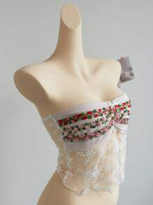 SHEIN Unity 女士花卉刺绣网眼拼布抹胸上衣