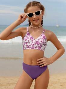 SHEIN Tween Girl 复古花卉印花比基尼套装，适合海滩、运动、冲浪、水上乐园、夏季