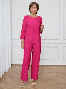 Miaspire 2pcs Women Casual Commute Solid Color Shirt And Pants Set,Summer Sets