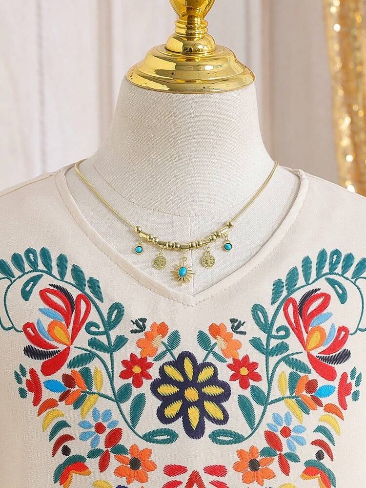 Plus 女童夏季新款复古花卉印花海滩度假连衣裙 - 白色 - 查看 6