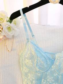 Eraneu Lace & Mesh Splice Front Slit Sexy Nightdress + Thong 2 Pieces Set For Women